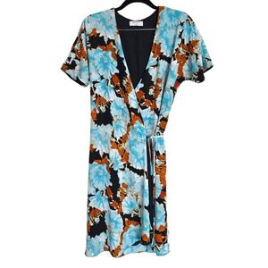 Babaton Wallace Wrap Dress Blue Floral Orange Leaves Print Small